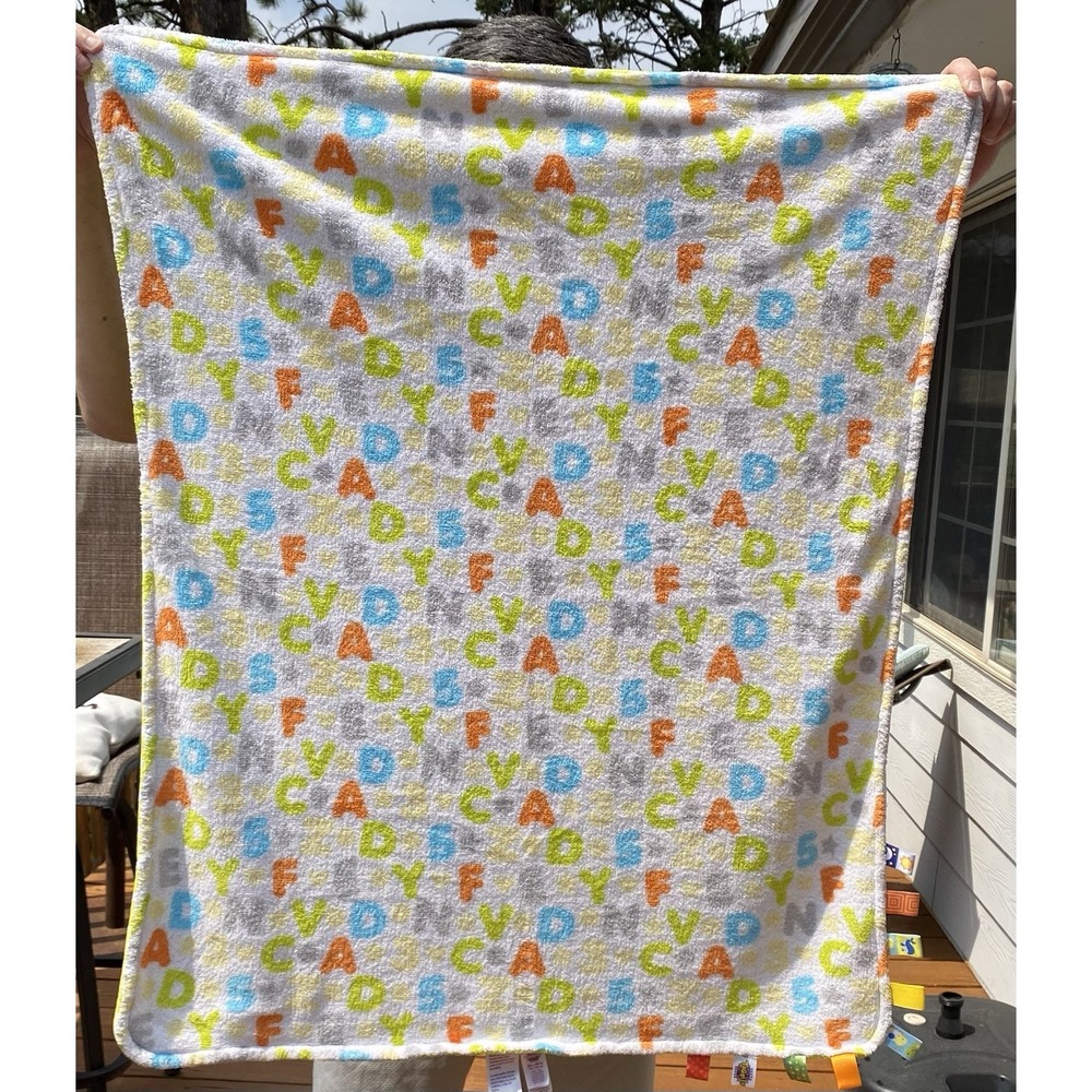 Vtg Taggies Baby Blanket Alphabet Numbers Green Polka Dot Plush Large